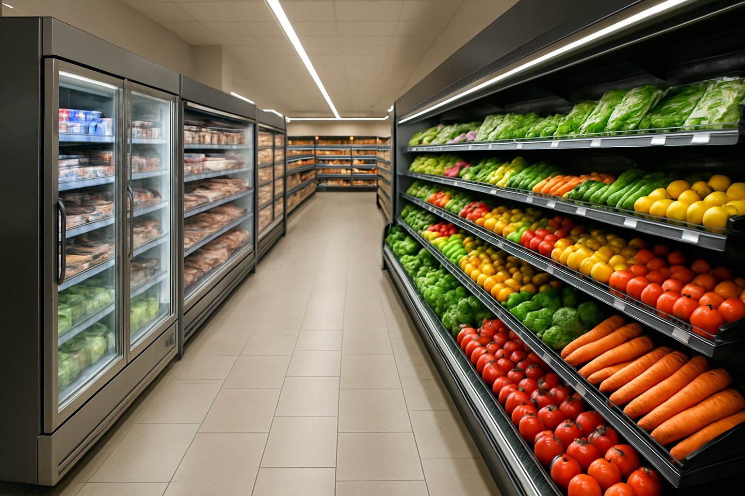 Retail refrigeration systems in grocery store